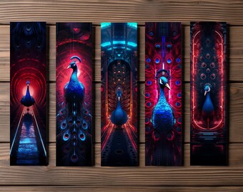 Sci-Fi Peacock Bookmark, Editable 5-Bookmark Bundle, Futuristic Fauna Artwork, Printable Digital Download