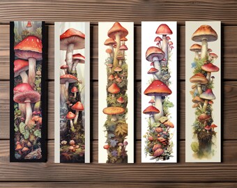 Red Mushroom Bookmarks, Editable 5-Bookmark Bundle, Watercolor Artwork, Mushroom Artwork, Printable Digital Download