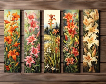 Watercolor Lilies Bookmark, Editable 5-Bookmark Bundle, Floral Artwork Pattern, Printable Digital Download