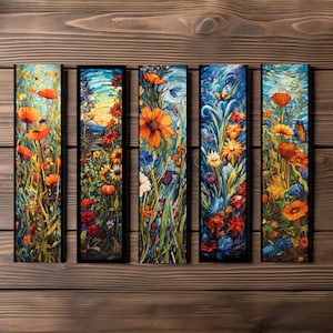 Stained Glass Floral Bookmark, Editable 5-Bookmark Bundle, Field of Flowers Artwork, Printable Digital Download