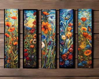 Stained Glass Floral Bookmark, Editable 5-Bookmark Bundle, Field of Flowers Artwork, Printable Digital Download