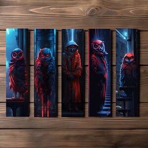 Sci-Fi Owl Bookmark, Editable 5-Bookmark Bundle, Futuristic Fauna Artwork, Cloaked Owl, Printable Digital Download