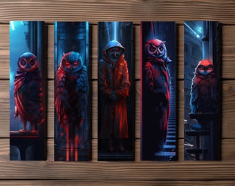 Sci-Fi Owl Bookmark, Editable 5-Bookmark Bundle, Futuristic Fauna Artwork, Cloaked Owl, Printable Digital Download