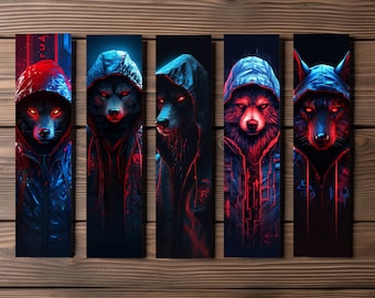 Sci-Fi Wolf Bookmark, Editable 5-Bookmark Bundle, Futuristic Fauna Artwork, Hacker Wolf, Printable Digital Download