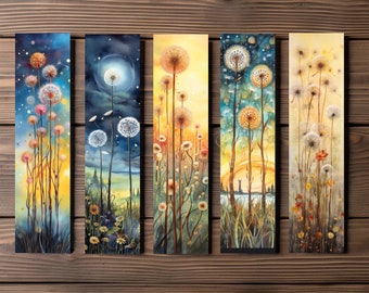 Watercolor Dandelion Bookmark, Editable 5-Bookmark Bundle, Floral Artwork Pattern, Printable Digital Download