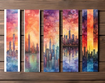 City Skyline Bookmark, Editable 5-Bookmark Bundle, Watercolor Artwork, Printable Digital Download
