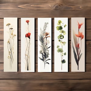 May include: Five vertical prints featuring botanical illustrations of various flowers and plants. The prints are on a light beige background with a white border.