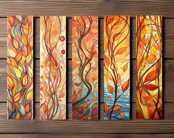 Fall Leaves Bookmark, Editable 5-Bookmark Bundle, Fall Artwork, Forest Artwork, Printable Digital Download