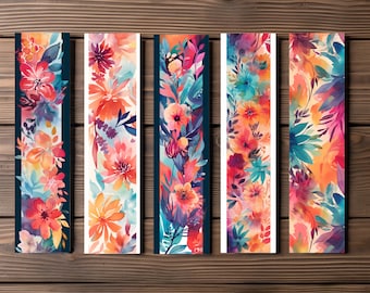 Vibrant Watercolor Floral Bookmark, Editable 5-Bookmark Bundle, Floral Artwork Pattern, Printable Digital Download
