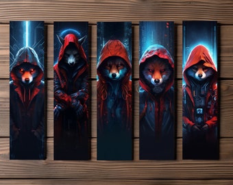 Sci-Fi Fox Bookmark, Editable 5-Bookmark Bundle, Futuristic Fauna Artwork, Tracker Fox, Printable Digital Download