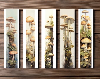 White Mushroom Bookmarks, Editable 5-Bookmark Bundle, Watercolor Artwork, Mushroom Artwork, Printable Digital Download
