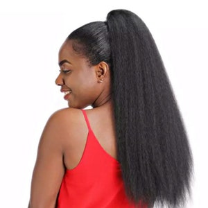 22&quot; Drawstring Natural Yaki Kinky Synthetic Straight Blow Out Ponytail