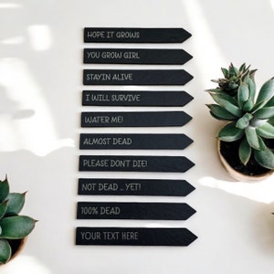 May include: Ten black slate plant markers with white text. The text on the markers reads: "Hope it grows", "You grow girl", "Stayin alive", "I will survive", "Water me!", "Almost dead", "Please don't die!", "Not dead... yet!", "100% dead", and "Your text here".