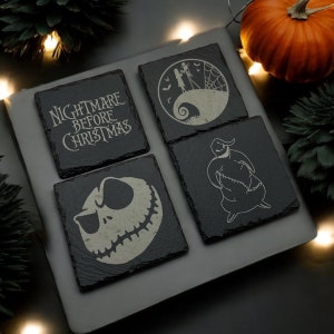 Op Nightmare Before Christmas geïnspireerde leistenen onderzetters | 60+ ontwerpen | Kerstmis | Verjaardag | Kerstmis | Cadeau | Cadeau | Lasergegraveerd