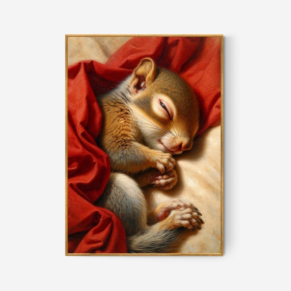 PRINTABLE | Soft Whiskers in Dreamland: Cozy Squirrel Sleep Scene | A Serene Sleep Artwork for Home Decor, Art by Benassi