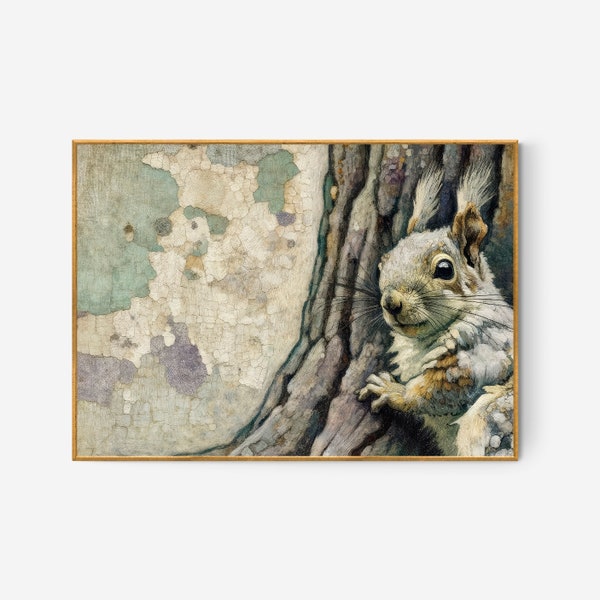 PRINTABLE | Curious Critter: Detailed Squirrel Portrait Amidst Textured Tree Bark and Peeling Paint | Fine Art Files by Benassi