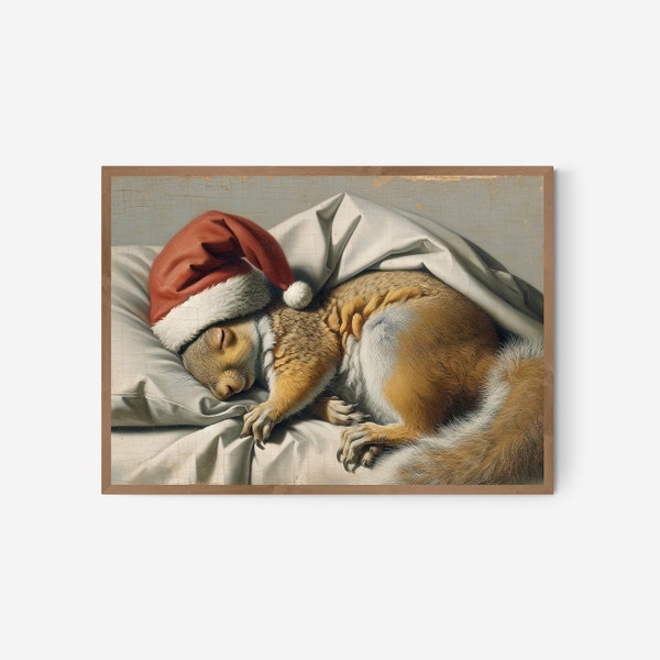 PRINTABLE | Sleeping Christmas Squirrel | This Painting Captures a Squirrel in Peaceful Slumber, Wearing a Santa Hat by Benassi