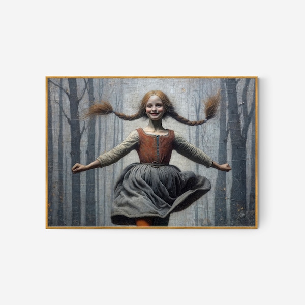 PRINTABLE | Enchanted Forest Whimsy: Joyful Girl with Braided Pigtails | Happy and Energetic Pippi Longstocking | High-Res Art by Benassi