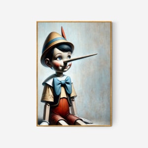 Peut inclure: Une marionnette en bois avec un nez exagérément grand, portant un chapeau brun et un nœud papillon bleu. La marionnette est peinte avec des traits réalistes et regarde vers le haut et vers la droite.