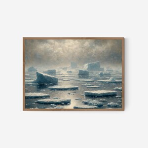 May include: A painting of a foggy arctic landscape with icebergs floating in the water. The sky is a pale blue with a hint of yellow, and the water is a dark blue. The icebergs are white and blue, and they are scattered across the surface of the water.
