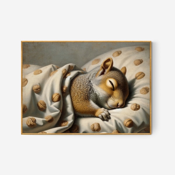 PRINTABLE | Cozy Naptime: An Adorable Squirrel Sleeping Soundly - This Painting Captures a Squirrel in Peaceful Slumber, Art by Benassi