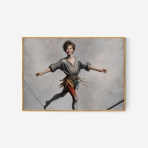 Puede incluir: Una pintura de una persona joven con una camisa gris y pantalones rojos caminando sobre una cuerda floja. La persona sonríe y tiene los brazos extendidos. El fondo es gris claro.