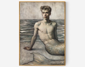 Merman Fine Art Druck | Monochrome griechische Mythologie Illustration (Digitaler Download)