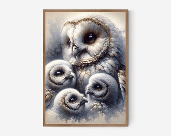 Mutter Eule und Nestlinge Porträt Druck | Familienbild (Digitaler Download)