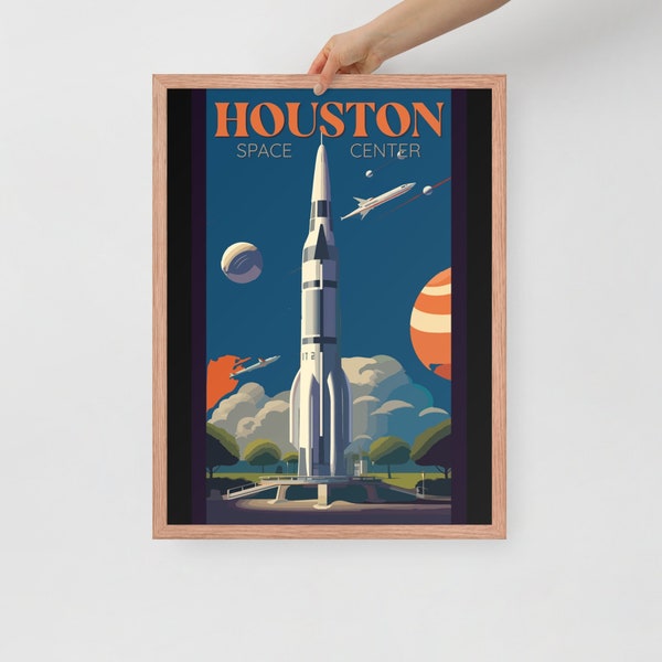 Gerahmtes Houston Space Center Kunstposter | Texas Kunst | HTX Kunst | Weltraumforschung | Midcentury Kunst | Retro Reise Poster