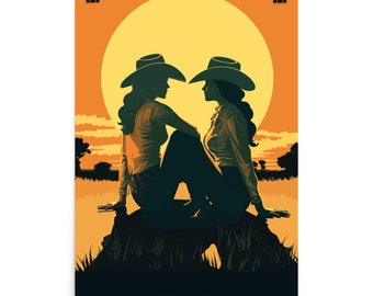 Sunset Cowgirls Poster | LGBTQ | Queer Art | Pride Art | Sapphic Art | Lesbian Art | Retro | Western