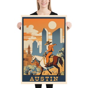 Austin Retro Travel Poster, ATX, Cowboy Decor, Vintage Wall Art, Stylish Home Decor