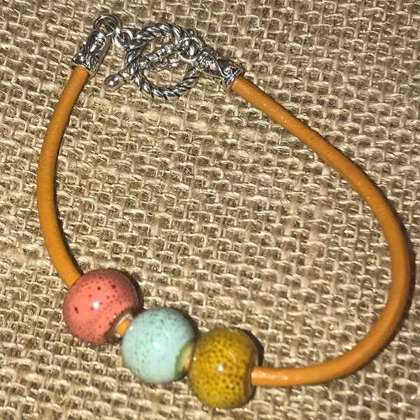Bracelet Leather Yellow Mustard Color Bracelet with Coral, Teal Blue and Gold Ceramic Beads Toggle Clasp Bracelet