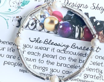 Pearl and Silver Tone Bali Style Curved Tube Connector Stretch Bracelet Similar to the Blessing Bracelet in the Hallmark Movie