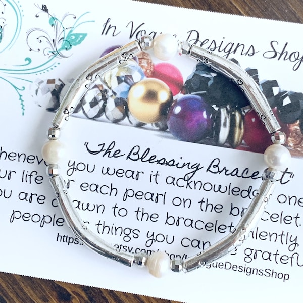 Pearl and Silver Tone Bali Style Curved Tube Connector Stretch Bracelet Similar to the Blessing Bracelet in the Hallmark Movie