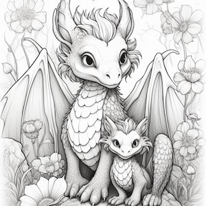 以下が含まれることがあります： 岩の上に座っている大きなドラゴンと小さなドラゴンの白黒の線画。ドラゴンは詳細な鱗を持ち、花に囲まれています。