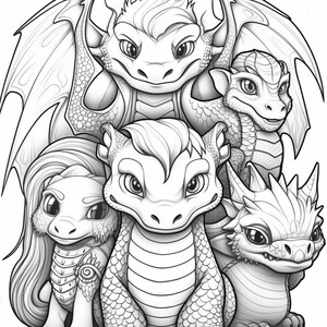 以下が含まれることがあります： 5匹のかわいい漫画のドラゴンを描いた白黒の線画。ドラゴンはそれぞれサイズが異なり、表情も違います。一番大きなドラゴンが上にいて、他のドラゴンが積み重ねられています。