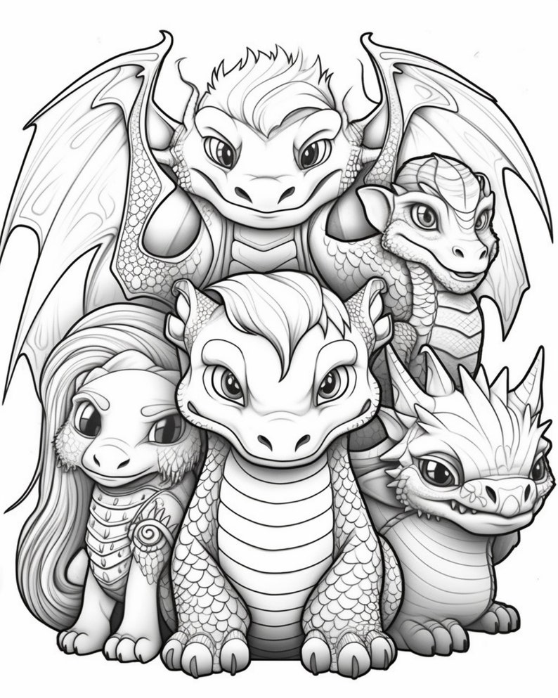 以下が含まれることがあります： 5匹のかわいい漫画のドラゴンを描いた白黒の線画。ドラゴンはそれぞれサイズが異なり、表情も違います。一番大きなドラゴンが上にいて、他のドラゴンが積み重ねられています。