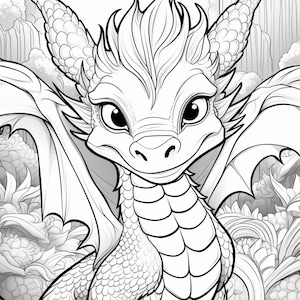 以下が含まれることがあります： 大きな目と優しい表情をした、かわいい漫画のドラゴンを描いた白黒の線画。ドラゴンは翼を広げて岩の上に座っている。