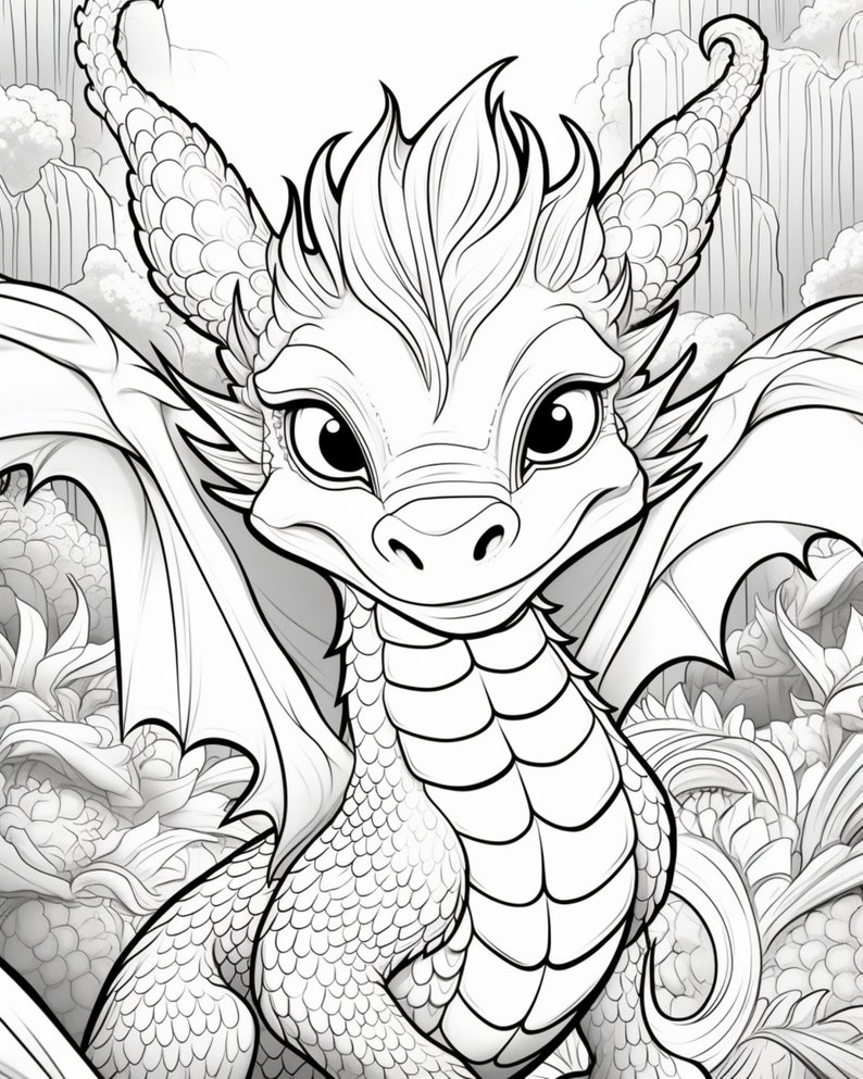 以下が含まれることがあります： 大きな目と優しい表情をした、かわいい漫画のドラゴンを描いた白黒の線画。ドラゴンは翼を広げて岩の上に座っている。