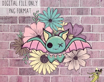 Pastel Goth Floral Bat Sublimation Design Downloads PNG File Graphic Design
