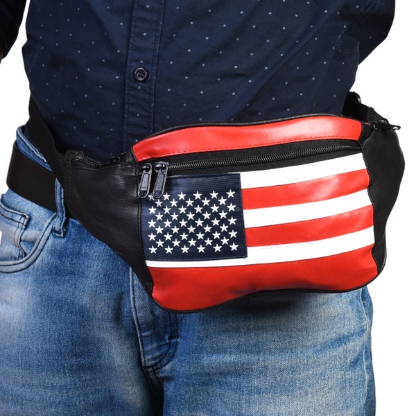 Fanny Pack Waist Wallet USA FLAG, Proud to be American - Genuine Leather - Handmade New