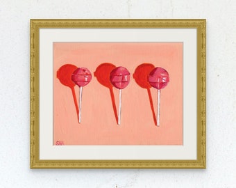 Stampa artistica con lecca-lecca rosa, vivace decorazione murale a tema caramelle, poster pop art per la cucina.