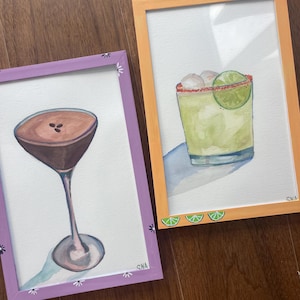 Oprawiony obraz Spicy Margarita - Oryginalna akwarela, ręcznie malowana pomarańczowa rama, sztuka koktajlowa, dekoracja wózka barowego, wyjątkowy prezent dla niej, 6x9
