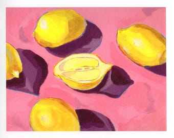 Stampa artistica di limoni, decorazione murale di natura morta di agrumi, arte da cucina rosa, poster di frutta moderna, arredamento per la casa giallo brillante
