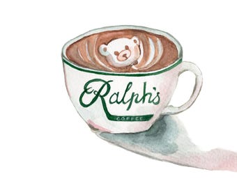 Original Ralph’s Coffee Painting - Watercolor, NYC Café Art, Ralph Lauren Latte, Coffee Wall Decor, New York Gift, Coffee Lover Artwork, 8x8