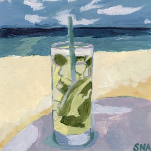 モヒート ビーチ ペインティング - オリジナル アクリル カクテル アート、沿岸バーの装飾、爽やかな夏のドリンクのイラスト、トロピカル ウォール アート、6x6