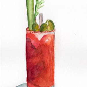 Akwarela Bloody Mary - Żywa sztuka koktajlowa, dekoracja brunchowego drinka, sztuka ścienna baru, estetyka kuchni, zabawny prezent dla niej, bez ramki
