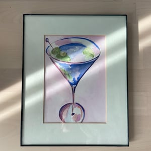 Oryginalny obraz akwarelowy Martini - Żywa sztuka koktajlowa, dekoracja wózka barowego, sztuka ścienna do kuchni, zabawny prezent dla niej, ręcznie malowany 5,5x8,5