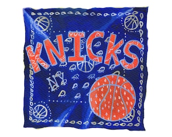 Estampado de bandana de los New York Knicks, arte de baloncesto azul y naranja (8x8 pulgadas)