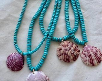 Turquoise Beaded Shell Necklace, 14k Gold Filled, Ocean Beach Jewelry, Boho Summer, Layering Necklace